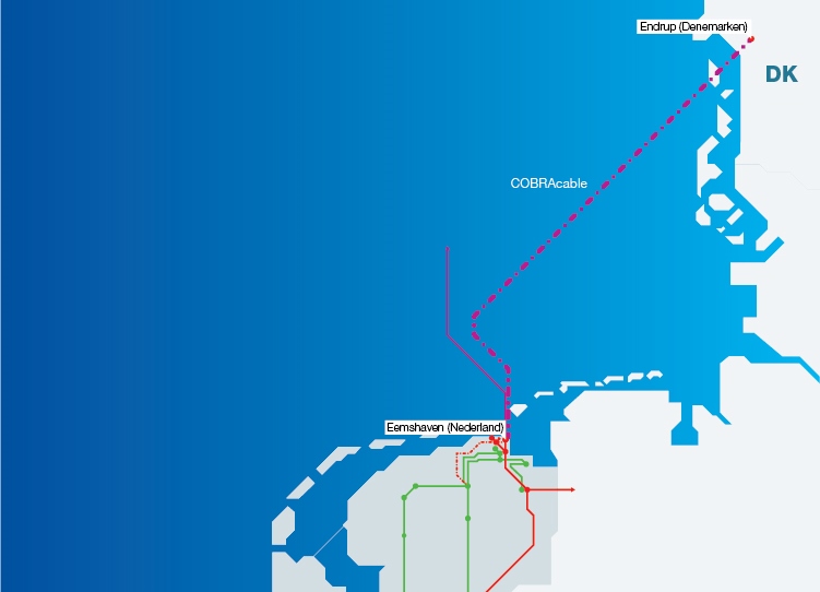 De route van de COBRA-kabel tussen de Eemshaven en het Deense Endrup  