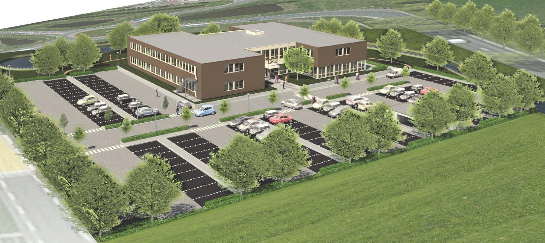 Artist impression van het Centrum Veilig Wonen op Bedrijvenpark Fivelpoort