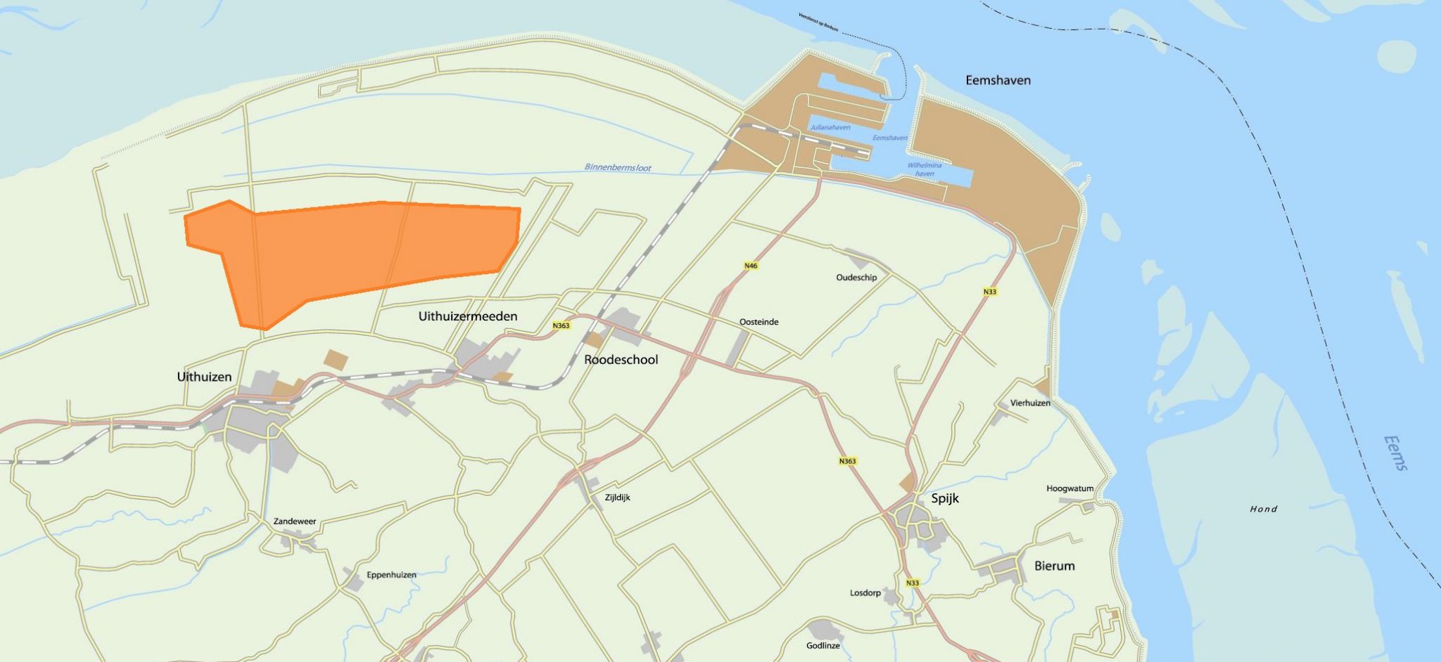 Kaart met het verfijnde zoekgebied van de heliport Eemshaven in depolder boven Uithuizermeeden