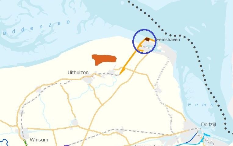 De nieuwe zoeklocatie voor een heliport in het noordwestelijk deel van de Eemshaven