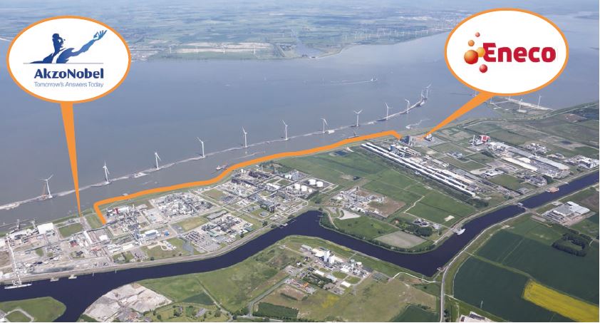 Overzicht van het tracé van de nieuw aan te leggen stoomleiding tussen Eneco en het chemiecluster in Delfzijl.