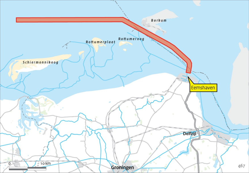 Het tracé van de vaarweg Eemshaven - Noordzee, die na de zomer verruimd wordt 