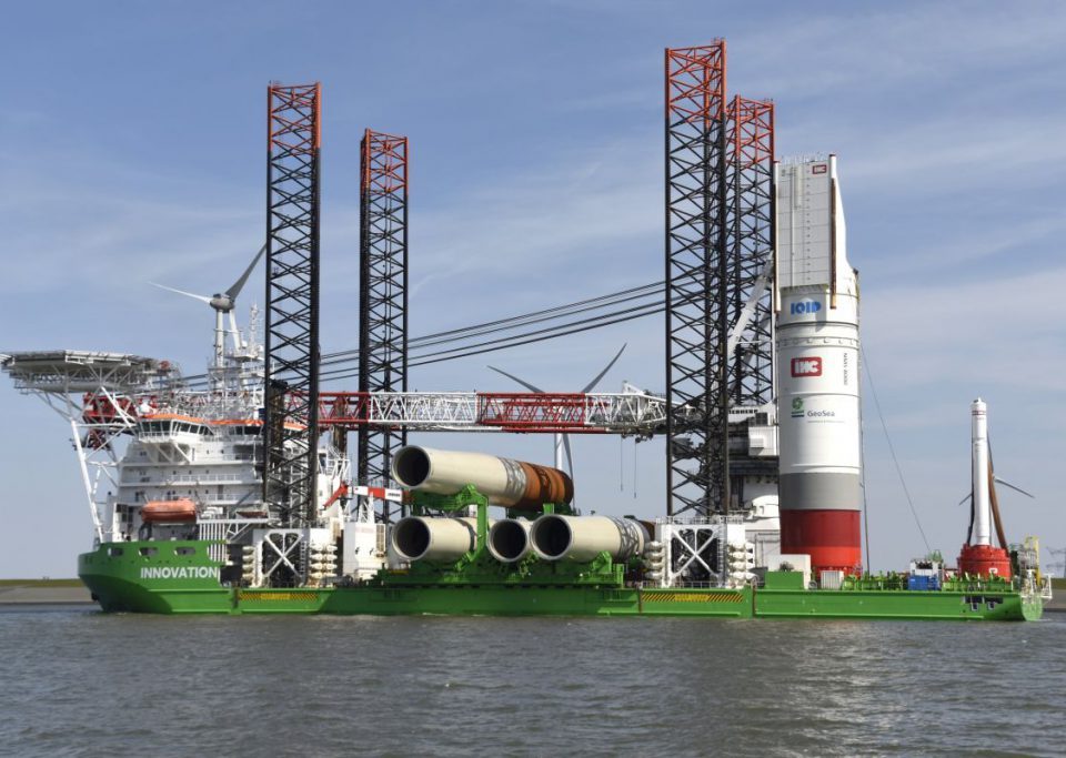 Installation vessel Innovation leaves Eemshaven with the first monopiles for the German wind farm Merkur Offshore (photo Mariska Burema, www.eemshavenonline.nl)