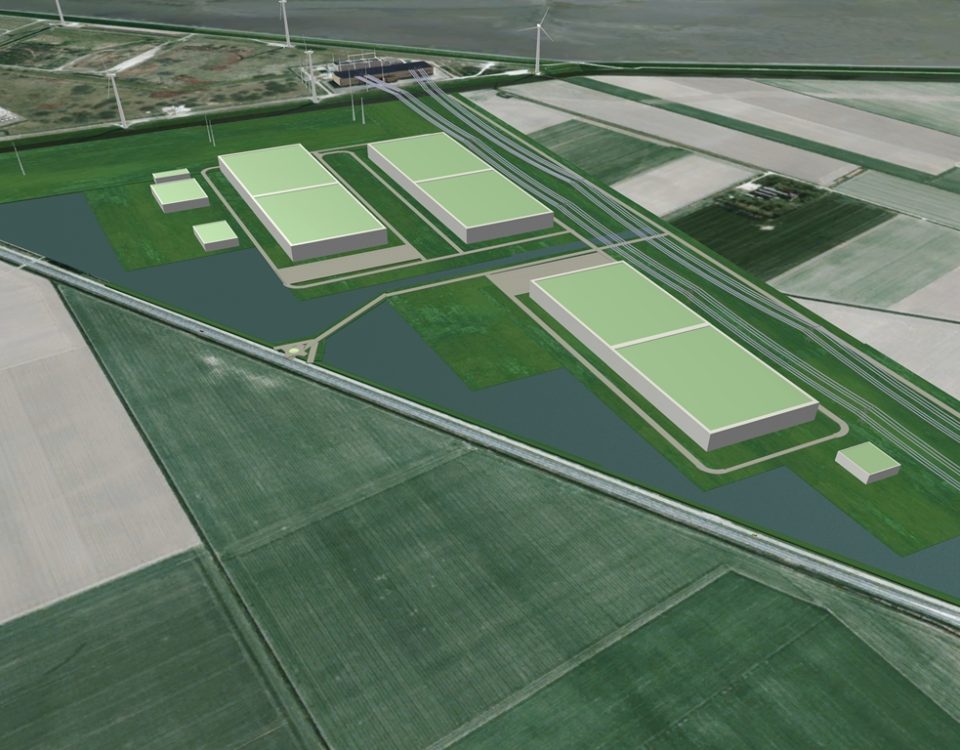 Artist impression van het datacenter van Google in de Eemshaven