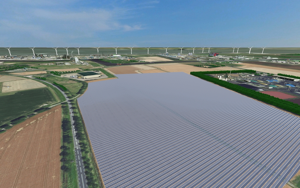 Artist impression van het zonne-energie park van SunPort Delfzijl op een terrein van bijna 30 hectare naast ESD-SIC